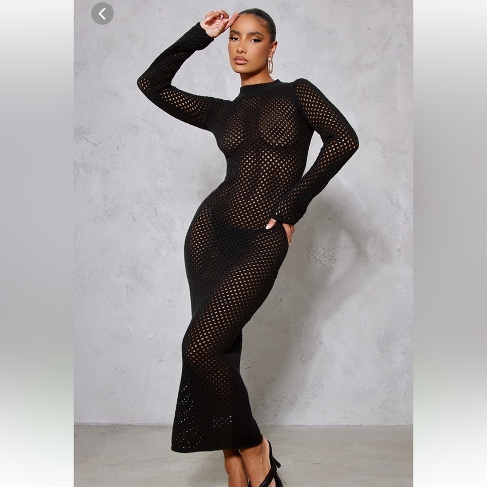 PLT black open knit long sleeve maxi